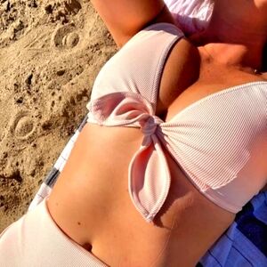 New 🦋 Pink Bikini Top Swim Ribbed  Tie-Front USA made 1x 2x 42 HDH Hackwith 40